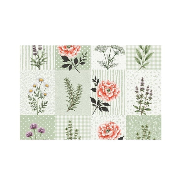RKSupls Herb Flower Patchwork Green Linen Placemats 30x45cm Straight Edge Stain Resistant Washable Non-Slip Table Mats Table for Kitchen Dining Room Home