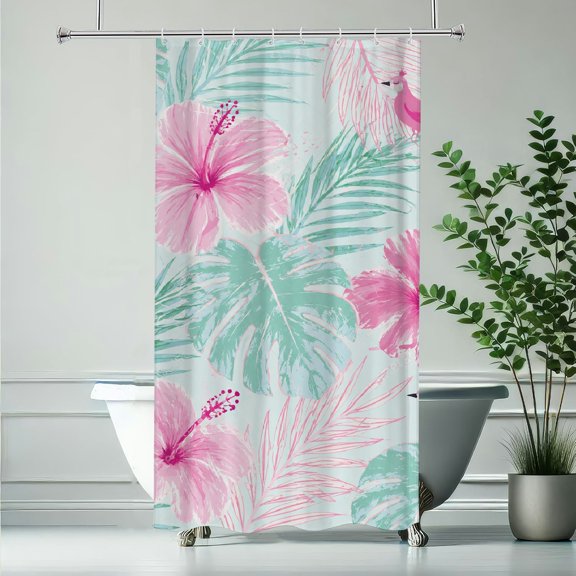 RKSupls Hibiscus Bird Tropical Leaf Watercolor Pattern Polyester Shower Curtain with Hooks for Chic Elegant Waterproof Shower Curtain Home Bathtub Bathroom Decor Washable