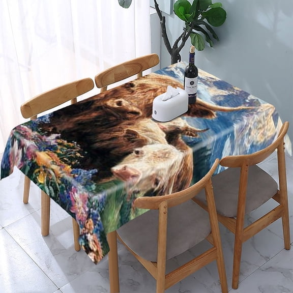RKSupls Highland Cattle Mountains Rectangle Dining Tablecloth, Washable Wipeable Stain & Wrinkle Resistant Polyester Tablecloth for Kitchen Picnic Party