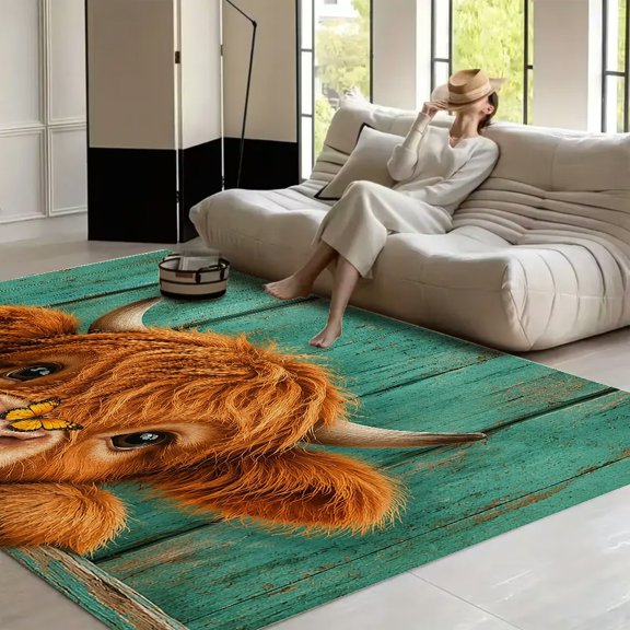 RKSupls Highland Cow Butterfly Nose Fence Soft Fluffy Velvet Area Rug for Living Room Bedroom, Non-Slip Washable Carpet, Modern Minimalist Home Decor Floor Mat