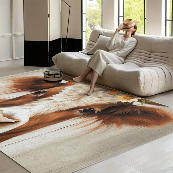 RKSupls Highland Cow Colorful Flower Crown Soft Fluffy Velvet Area Rug for Living Room Bedroom, Non-Slip Washable Carpet, Chic Minimalist Home Decor