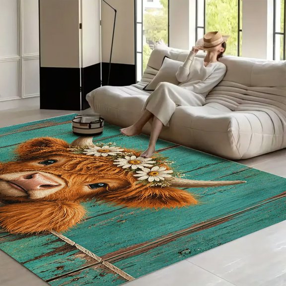 RKSupls 4x3ft Highland Cow Daisy Crown Fence Soft Fluffy Velvet Area Rug for Living Room Bedroom, Non-Slip Washable Carpet, Chic Minimalist Home Decor