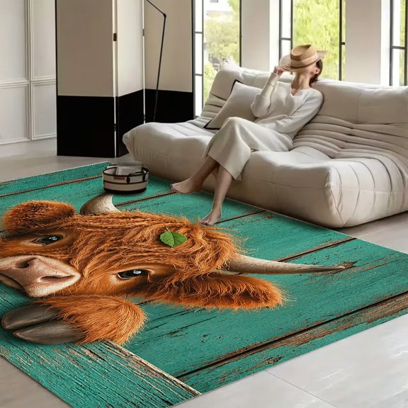 RKSupls 4x3ft Highland Cow Leaf Head Fence Soft Fluffy Velvet Area Rug for Living Room Bedroom, Non-Slip Washable Carpet, Chic Minimalist Home Decor