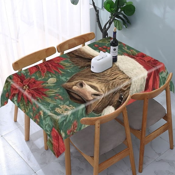 RKSupls Highland Cow Poinsettia Rectangle Dining Tablecloth, Washable Wipeable Stain & Wrinkle Resistant Polyester Tablecloth for Kitchen Picnic Party