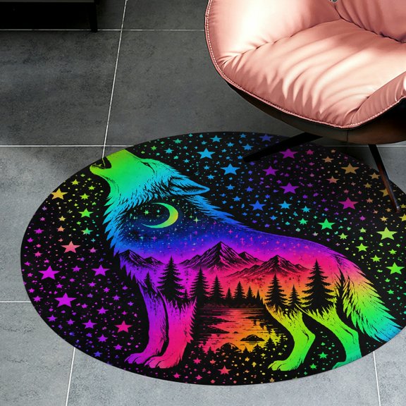 RKSupls Holographic Moon Forest Rainbow Black Round Flannel Floor Mat, Soft Non-Slip Washable Rug suitable for Living Room Bedroom Nursery, Decorative Floor Rug