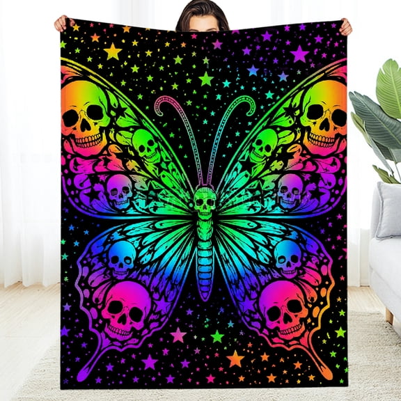 RKSupls Holographic Skull Moth Rainbow Black Decorative Blanket, Machine Washable Reversible Warm and Cozy Throw, Soft Throw for Couch, Travel, Camping