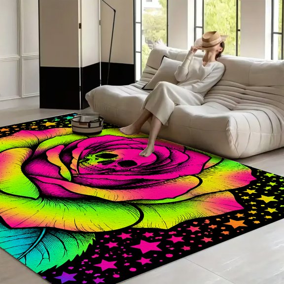 RKSupls Holographic Skull Roses Rainbow Black Soft Fluffy Velvet Area Rug for Living Room Bedroom, Non-Slip Washable Carpet, Modern Minimalist Home Decor Floor Mat