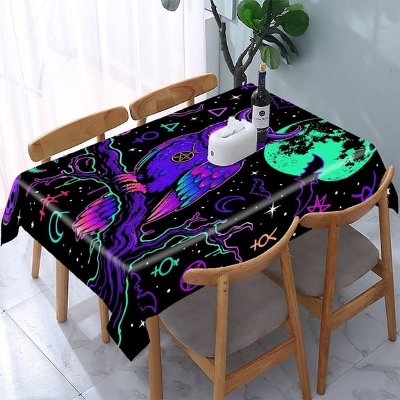 RKSupls Horned Owl Moon Neon Rectangle Dining Tablecloth, Washable Wipeable Stain & Wrinkle Resistant Polyester Tablecloth for Kitchen Picnic Party