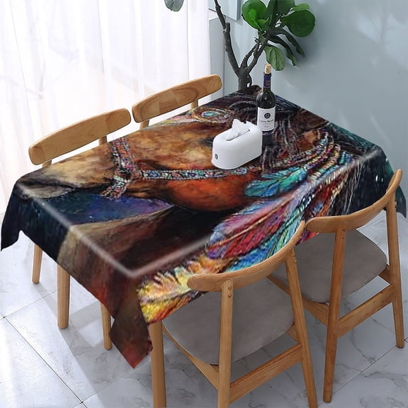 RKSupls Horse Feather Headdress Rectangle Dining Tablecloth, Washable Wipeable Stain & Wrinkle Resistant Polyester Tablecloth for Kitchen Picnic Party