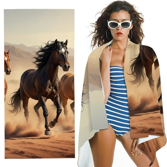 RKSupls Horse Running in Desert Storm Oversized Microfiber Beach Towel, Ultra-Soft Microfiber  for Bathroom, beach, Soft Super Absorbent- 30x60 in