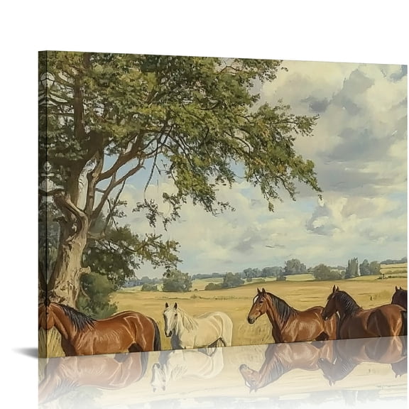 RKSupls Horses in Countryside Field Canvas Wall Art, Vintage Farm Style Wall Decor Print, Modern Artwork for Living Room Bedroom Office Home Decor