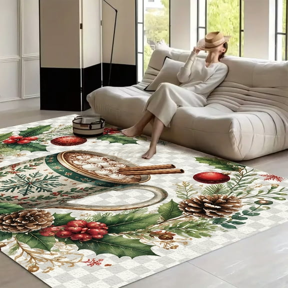 RKSupls Hot Cocoa Mug Christmas Soft Fluffy Velvet Area Rug for Living Room Bedroom, Non-Slip Washable Carpet, Modern Minimalist Home Decor Floor Mat