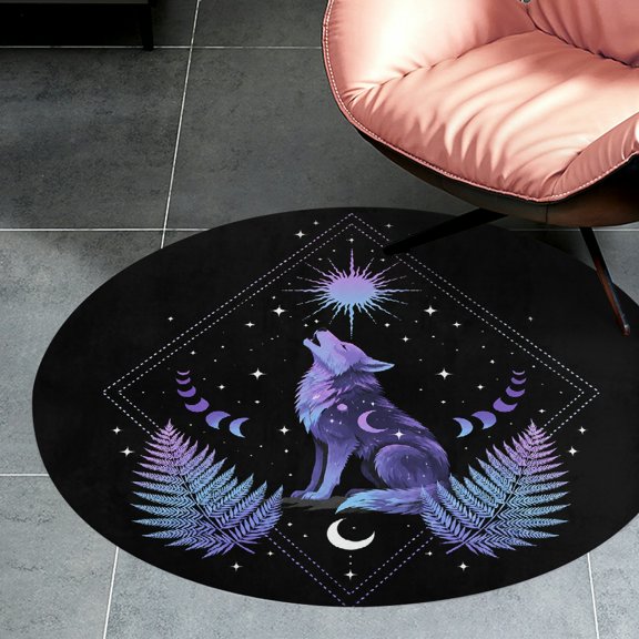 RKSupls Howling Wolf Fern  Round Flannel Floor Mat, Soft Non-Slip Washable Rug  suitable for Living Room Bedroom Study, Decorative Floor Rug