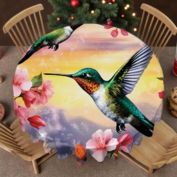 RKSupls Hummingbird Butterfly Pink Sunset Print Round Tablecloth, Polyester Tablecloths Machine-Made, Hummingbird Butterfly Pink Sunset