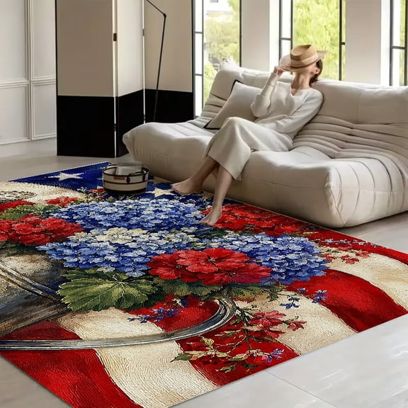 RKSupls Hydrangea Geranium Watering Can Flag Decor  Soft Fluffy Velvet Area Rug   for Living Room Bedroom, Non-Slip Washable Carpet, Modern Minimalist Home Decor Floor Mat