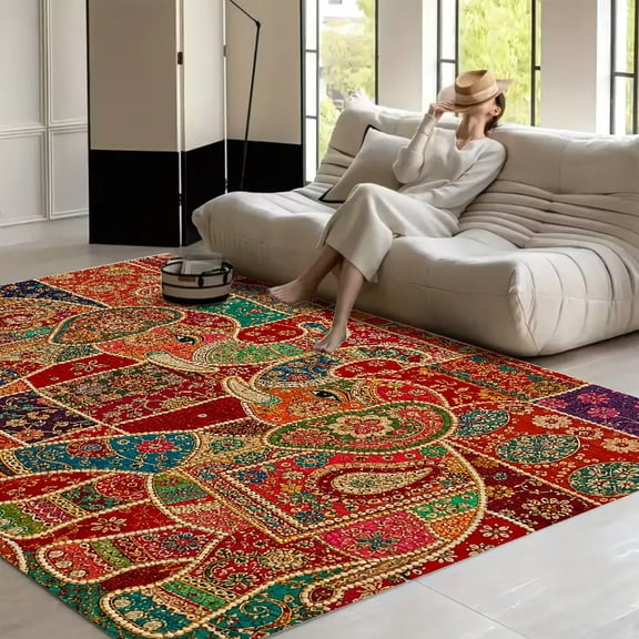 RKSupls Indian Patchwork Elephant Tapestry Soft Fluffy Velvet Area Rug for Living Room Bedroom, Non-Slip Washable Carpet, Modern Minimalist Home Decor Floor Mat