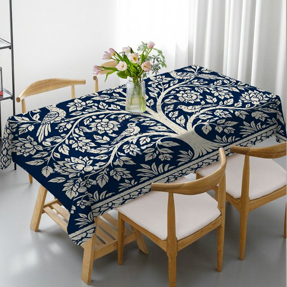 RKSupls Indigo Blue Tree Birds Floral Border Rectangle Tablecloth, Holiday Party Tablecloth - Kitchen Accessories Rectangle Tablecloth, Ideal for Kitchen Picnic Party