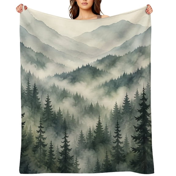 RKSupls Ink Wash Foggy Pine Forest Soft Flannel Throw Blanket, Lightweight Fuzzy Warm Cozy Blanket for Couch Bed Home Travel Decor