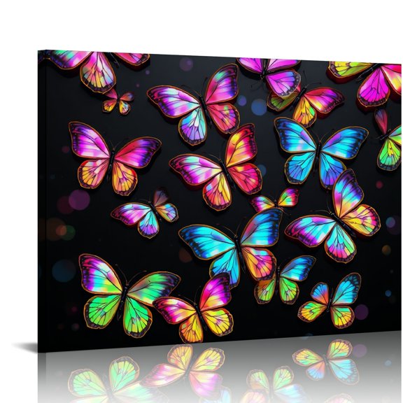 RKSupls Iridescent Rainbow Butterflies Canvas Wall Art, Glowing Neon Wall Decor Print, Modern Artwork for Living Room Bedroom Office Home Decor