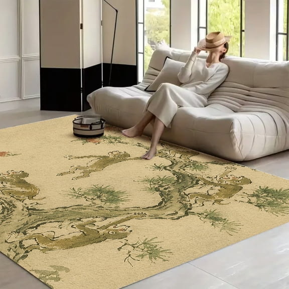 RKSupls Japanese Ink Monkey Picking Peach  Soft Fluffy Velvet Area Rug   for Living Room Bedroom, Non-Slip Washable Carpet, Modern Minimalist Home Decor Floor Mat