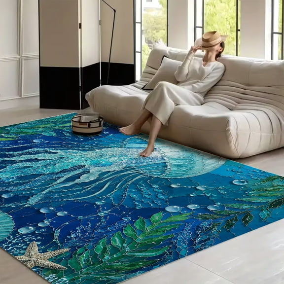 RKSupls Jellyfish Bubbles Marine Blue Soft Fluffy Velvet Area Rug for Living Room Bedroom, Non-Slip Washable Carpet, Modern Minimalist Home Decor Floor Mat