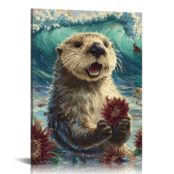 RKSupls Joyful Beach Otter Canvas Wall Art, Canvas Prints Wall Art for Living Room Bedroom Stairway Office, Art Print Painting for New Year Home Decorations,12x16in