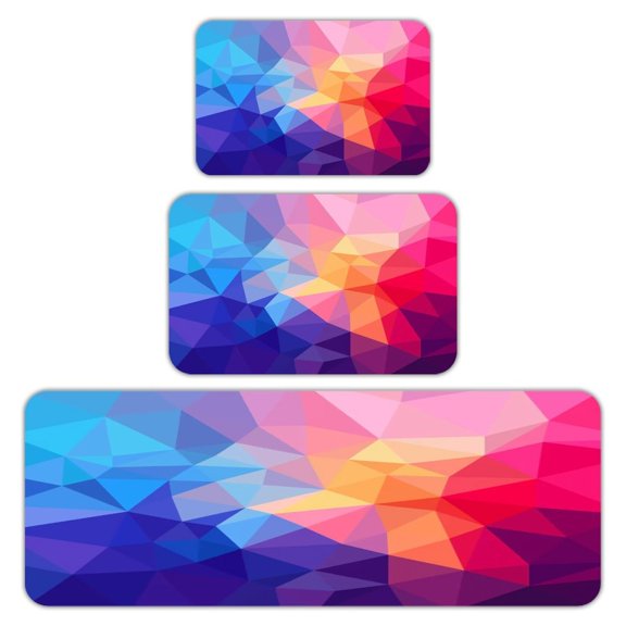 RKSupls Kitchen Rug Set 3 Piece Anti-Slip Flannel Floor Mats, Abstract Blue Polygon Texture Washable Absorbent Runner Mats for Kitchen Bathroom Home Decor
