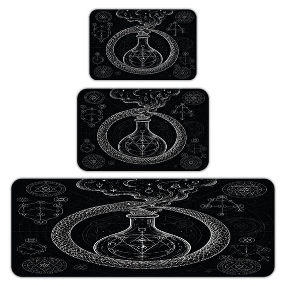 RKSupls Kitchen Rug Set 3 Piece Anti-Slip Flannel Floor Mats, Alchemy Snake Flask Mystic Art Washable Absorbent Runner Mats for Kitchen Bathroom Home Decor