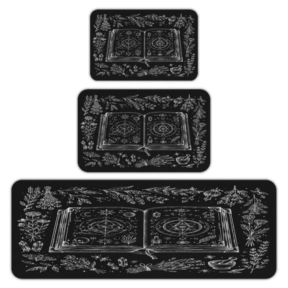 RKSupls Kitchen Rug Set 3 Piece Anti-Slip Flannel Floor Mats, Alchemy Spell Book Drawing Washable Absorbent Runner Mats for Kitchen Bathroom Home Decor
