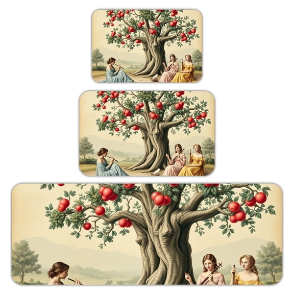RKSupls Kitchen Rug Set 3 Piece Anti-Slip Flannel Floor Mats, Apple Tree Women Washable Absorbent Runner Mats for Kitchen Bathroom Home Decor