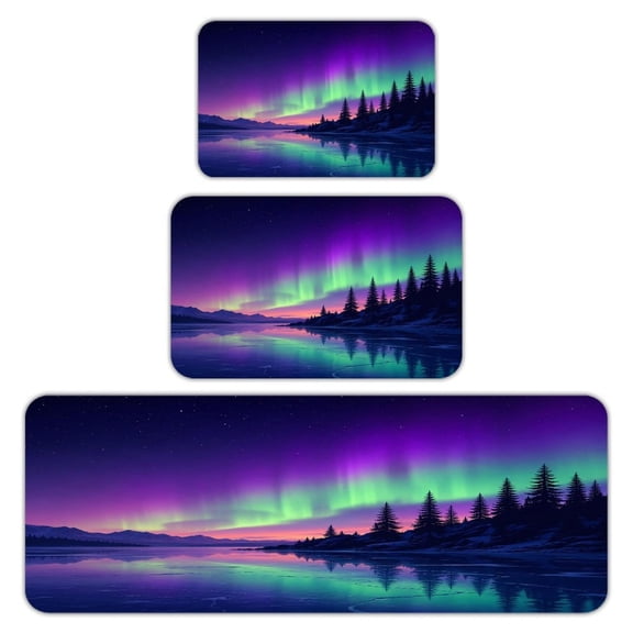 RKSupls Kitchen Rug Set 3 Piece Anti-Slip Flannel Floor Mats, Aurora Frozen Lake Night Scene Washable Absorbent Runner Mats for Kitchen Bathroom Home Decor