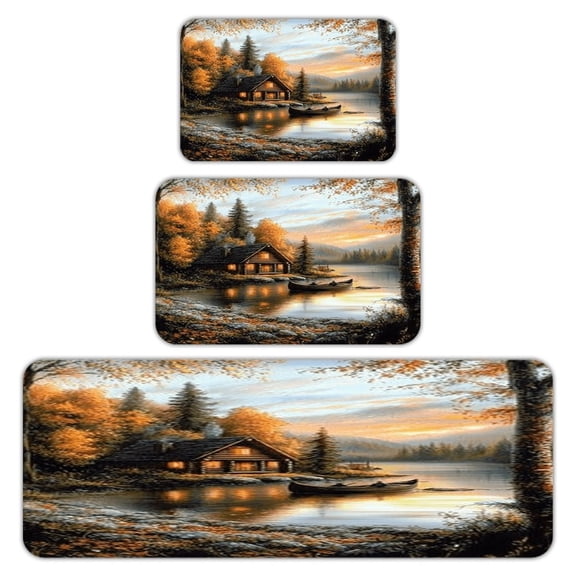 RKSupls Kitchen Rug Set 3 Piece Anti-Slip Flannel Floor Mats, Autumn Lake Cabin Canoe Washable Absorbent Runner Mats for Kitchen Bathroom Home Decor