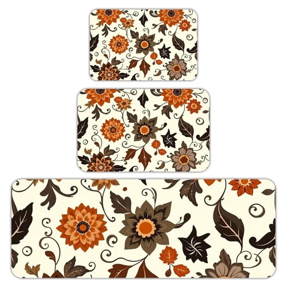 RKSupls Kitchen Rug Set 3 Piece Anti-Slip Flannel Floor Mats, Autumn Leaf Pattern Washable Absorbent Runner Mats for Kitchen Bathroom Home Decor