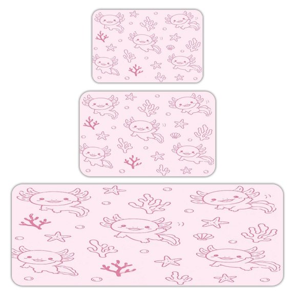 RKSupls Kitchen Rug Set 3 Piece Anti-Slip Flannel Floor Mats, Axolotl Friends Swimming Pattern Sketch Washable Absorbent Runner Mats for Kitchen Bathroom Home Decor