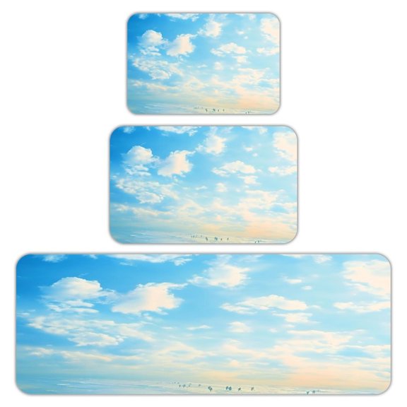 RKSupls Kitchen Rug Set 3 Piece Anti-Slip Flannel Floor Mats, Beach Clouds Sky People Walking Washable Absorbent Runner Mats for Kitchen Bathroom Home Decor