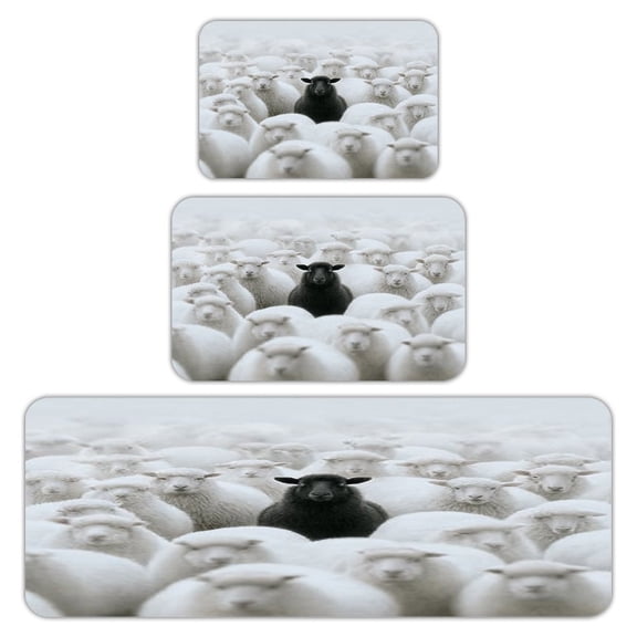 RKSupls Kitchen Rug Set 3 Piece Anti-Slip Flannel Floor Mats, Black Sheep White Flock Washable Absorbent Runner Mats for Kitchen Bathroom Home Decor