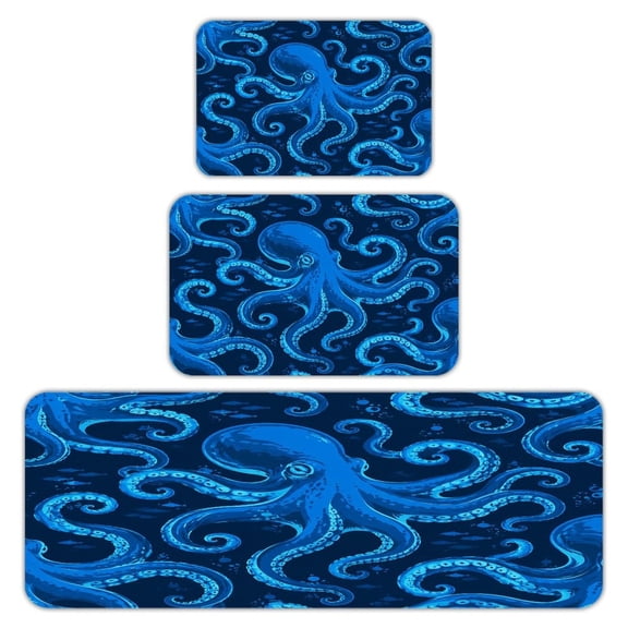RKSupls Kitchen Rug Set 3 Piece Anti-Slip Flannel Floor Mats, Blue Octopus Tentacles Washable Absorbent Runner Mats for Kitchen Bathroom Home Decor