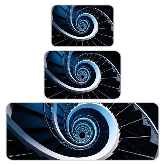RKSupls Kitchen Rug Set 3 Piece Anti-Slip Flannel Floor Mats, Blue Spiral Staircase Infinity Washable Absorbent Runner Mats for Kitchen Bathroom Home Decor