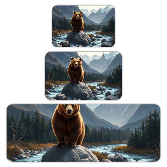 RKSupls Kitchen Rug Set 3 Piece Anti-Slip Flannel Floor Mats, Brown Bear River Mountain Washable Absorbent Runner Mats for Kitchen Bathroom Home Decor