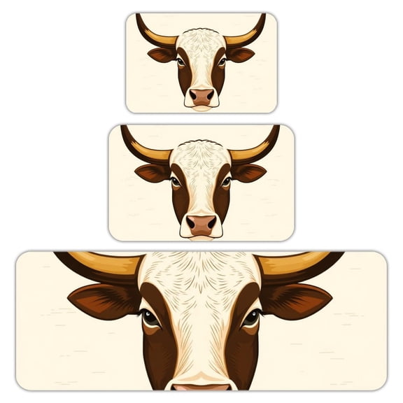 RKSupls Kitchen Rug Set 3 Piece Anti-Slip Flannel Floor Mats, Bull Head Art Washable Absorbent Runner Mats for Kitchen Bathroom Home Decor