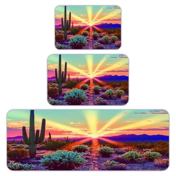 RKSupls Kitchen Rug Set 3 Piece Anti-Slip Flannel Floor Mats, Cactus Desert Sunset Rays Washable Absorbent Runner Mats for Kitchen Bathroom Home Decor