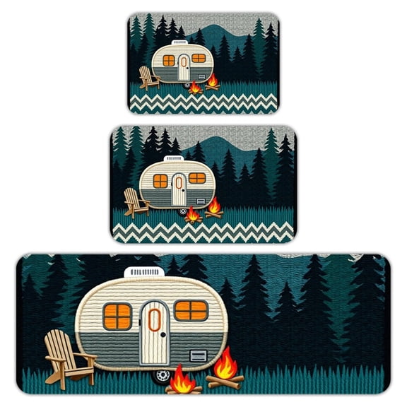 RKSupls Kitchen Rug Set 3 Piece Anti-Slip Flannel Floor Mats, Camper Forest Camping Washable Absorbent Runner Mats for Kitchen Bathroom Home Decor