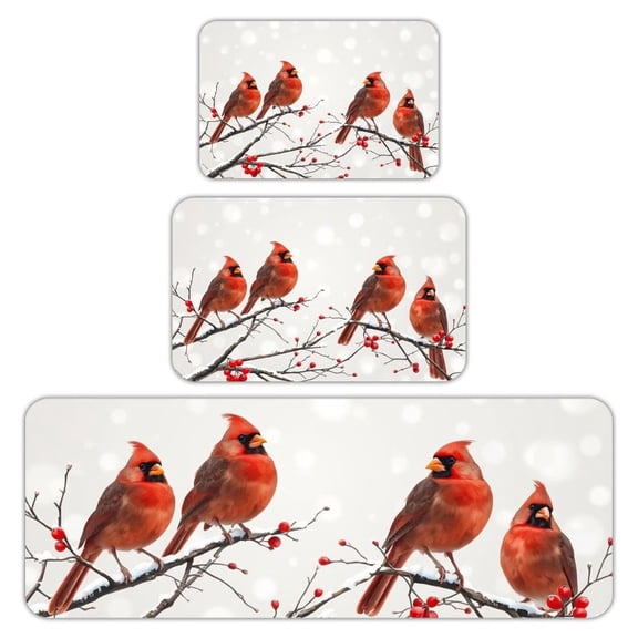 RKSupls Kitchen Rug Set 3 Piece Anti-Slip Flannel Floor Mats, Cardinal Red Berry Washable Absorbent Runner Mats for Kitchen Bathroom Home Decor