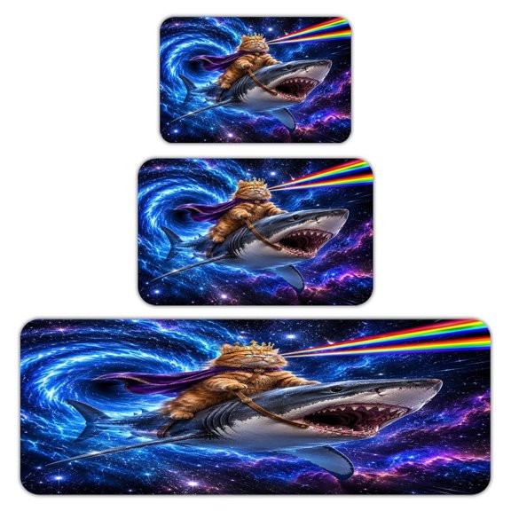 RKSupls Kitchen Rug Set 3 Piece Anti-Slip Flannel Floor Mats, Cat King Riding Space Shark With Rainbow Beam Washable Absorbent Runner Mats for Kitchen Bathroom Home Decor