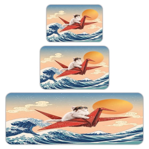 RKSupls Kitchen Rug Set 3 Piece Anti-Slip Flannel Floor Mats, Cat On Origami Crane Over Waves Washable Absorbent Runner Mats for Kitchen Bathroom Home Decor