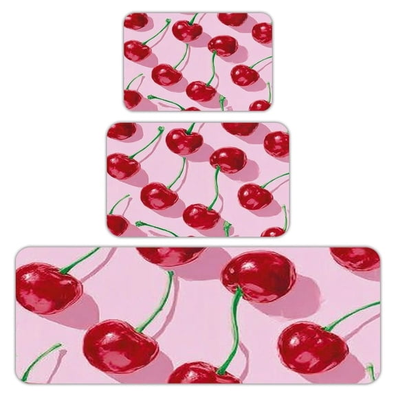 RKSupls Kitchen Rug Set 3 Piece Anti-Slip Flannel Floor Mats, Cherry Fruit Pink Washable Absorbent Runner Mats for Kitchen Bathroom Home Decor