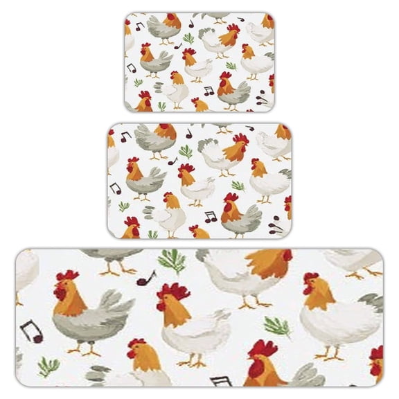 RKSupls Kitchen Rug Set 3 Piece Anti-Slip Flannel Floor Mats, Chickens Roosters Pattern Washable Absorbent Runner Mats for Kitchen Bathroom Home Decor