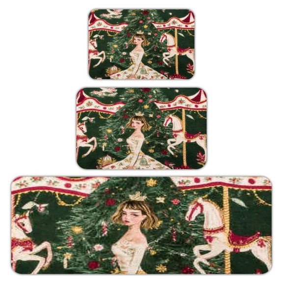 RKSupls Kitchen Rug Set 3 Piece Anti-Slip Flannel Floor Mats, Christmas Angels Pattern Washable Absorbent Runner Mats for Kitchen Bathroom Home Decor
