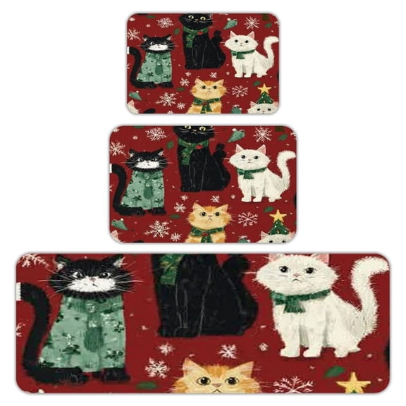 RKSupls Kitchen Rug Set 3 Piece Anti-Slip Flannel Floor Mats, Christmas Cats Sweater Washable Absorbent Runner Mats for Kitchen Bathroom Home Decor