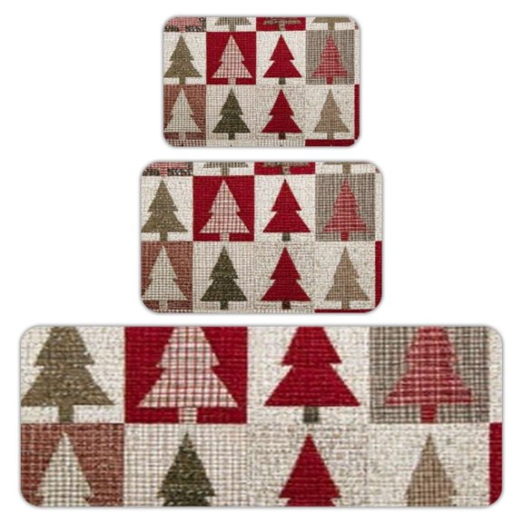 RKSupls Kitchen Rug Set 3 Piece Anti-Slip Flannel Floor Mats, Christmas Trees Patchwork Washable Absorbent Runner Mats for Kitchen Bathroom Home Decor